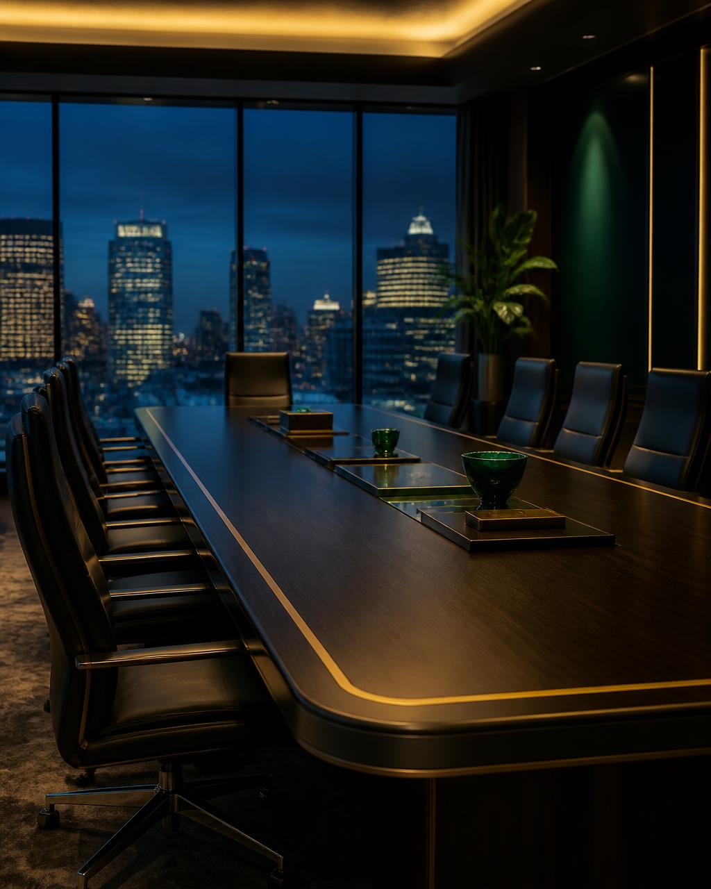 Sala de reunião corporativa premium da Unique Prime Capital com vista para o centro financeiro
