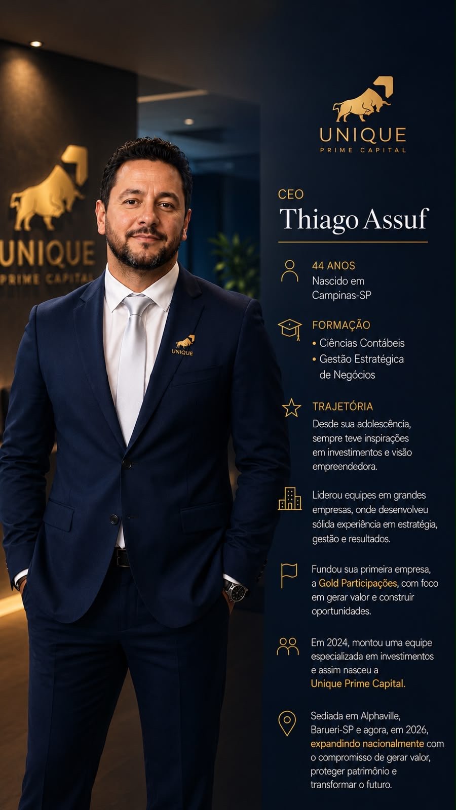 Thiago Assuf, CEO da Unique Prime Capital — 44 anos, formado em Ciências Contábeis e Gestão Estratégica de Negócios